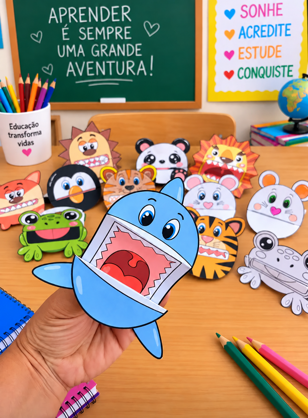 Fantoches de papel de animais sobre uma carteira escolar, com um tubarão de papel aberto na mão